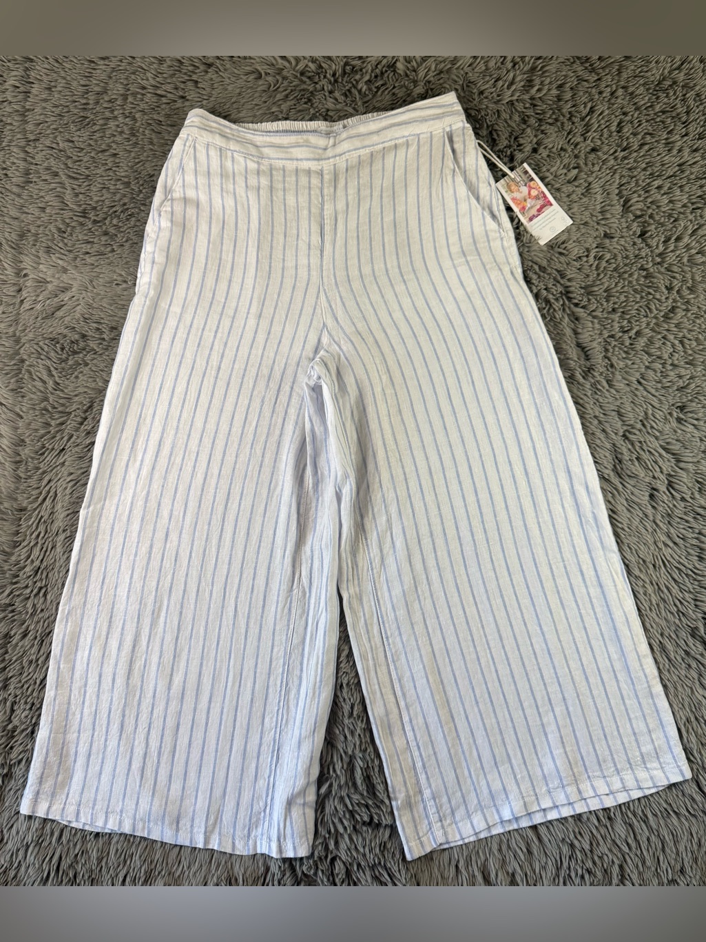 Martha Stewart Collection 100 Linen Blue Stripe Wide Leg Crop Pants Medium Nwt Martha Stewart Collection 100 Linen Blue Stripe Wide Leg Crop Pants Medium Nwt
